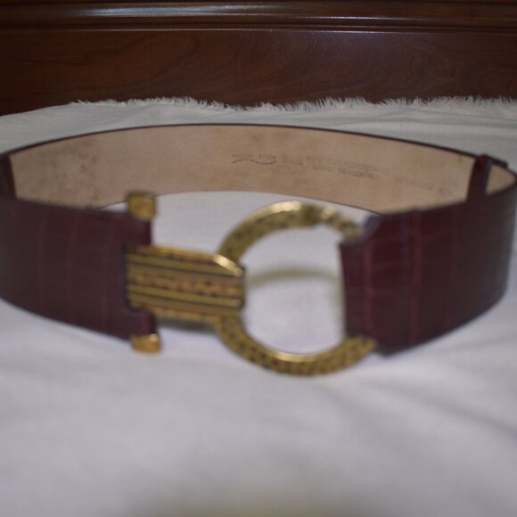 Vintage Amiee Lynn Brown Croc Leather Belt with Gold Buckle Size XL Adjustable - Picture 7 of 16